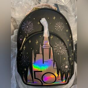 Disney Loungefly 50th Anniversary Black Backpack with Holographic Castle Design